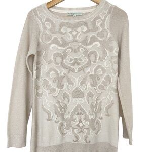 CLEO PETITE Cream/Beige Crew Neck Sweater with Sparkle and Baroque Pattern, Med